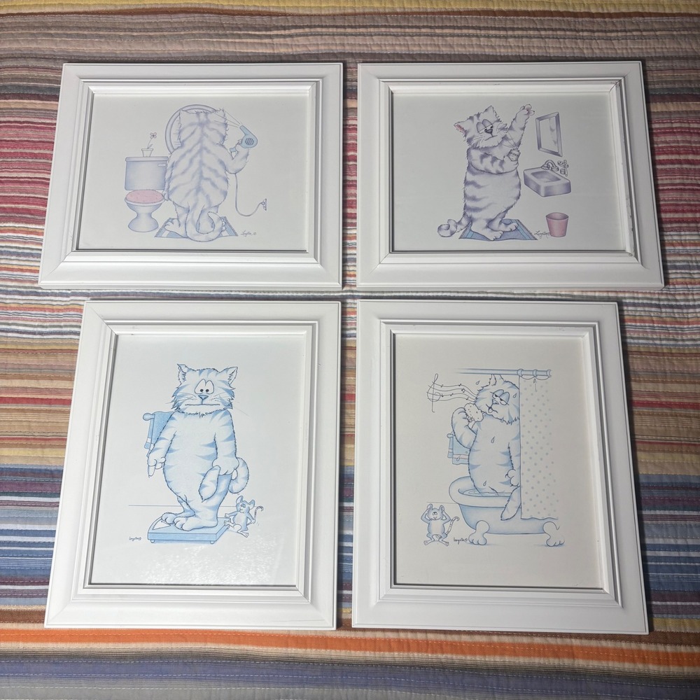 Langston Framed Cat Art Prints Set of 4 Unisex OS White Good Vtg Bathroom Decor